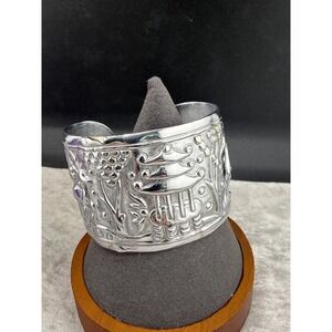 Vintage Asian Theme Wide‎ Cuff Bracelet Temple Bird Flower Silver Tone 7.5"
